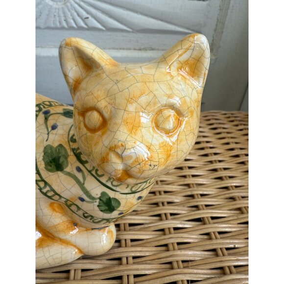 Vintage 70's Ceramic Cat Crackle Glaze Hand Painted Olive Branch - Picture 7 of 13